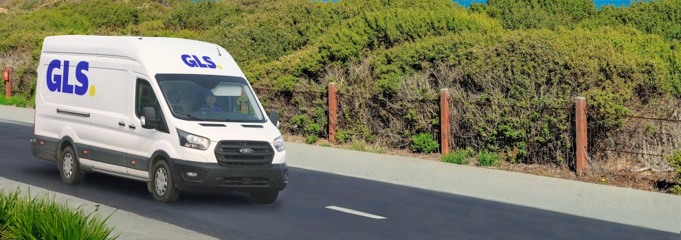 GLS delivery van driving on a street